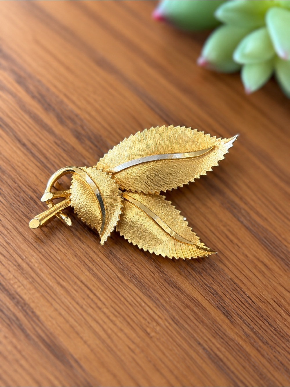 Source Unknown Gold Leaf Trio Brooch - Shimmering Metallic Accent